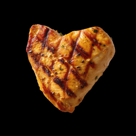 A visually appealing grilled chicken breast shaped like a heart, perfect for romantic dinners or special occasions, set against a sleek black background.の素材