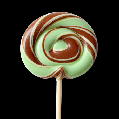 A vibrant and enticing spiral lollipop featuring mint and chocolate swirls, perfect for sweet lovers. This colorful treat is great for parties and gifts.の素材
