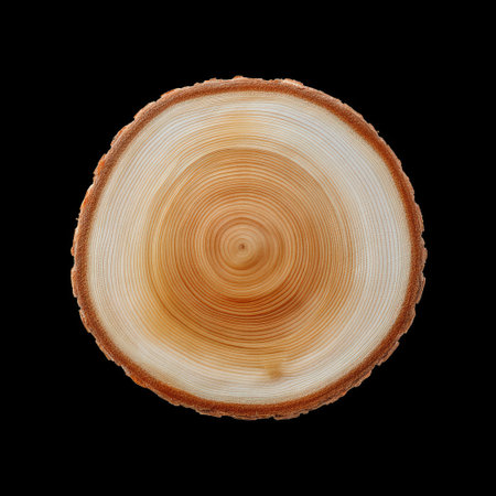 This image showcases a close-up view of a tree ring cross-section, highlighting intricate growth patterns and textures against a dark background. Perfect for nature and ecology themes.の素材