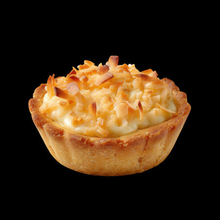 A delectable coconut cream tartlet featuring a crispy golden crust and topped with toasted coconut flakes. Ideal for dessert lovers seeking a sweet bite.の素材