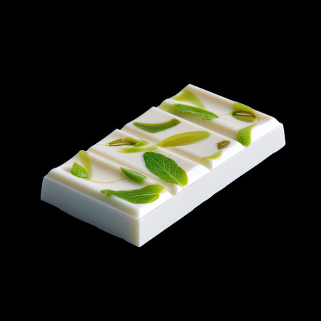 A visually striking soap bar featuring vibrant green herbal leaves against a sleek black background, symbolizing freshness and luxury in self-care.の素材