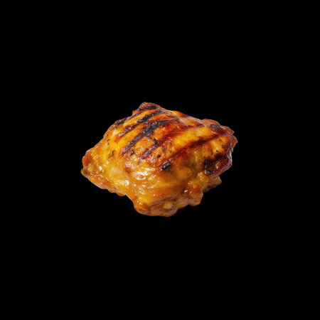 A close-up view of a perfectly grilled chicken piece featuring a crispy skin on a black background, ideal for food photography and culinary art.の素材
