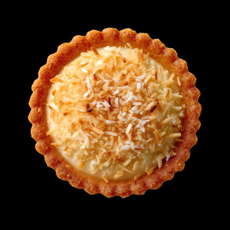 A beautiful coconut cream tart topped with golden toasted coconut flakes, presented against a striking black background, highlighting its deliciousness.の素材
