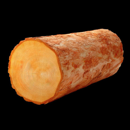 This image showcases a close-up view of a cross-section of a wooden log, highlighting its intricate growth rings and rich texture against a solid black background.の素材