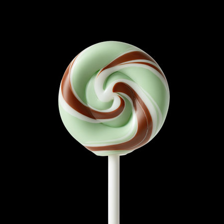 This vibrant swirled lollipop features a delightful combination of mint and chocolate flavors, perfect for any festive occasion or sweet treat craving.の素材