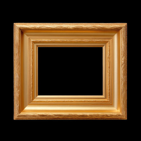 This elegant golden picture frame features intricate designs and textures, perfect for showcasing art or photography. A stunning decorative piece.の素材