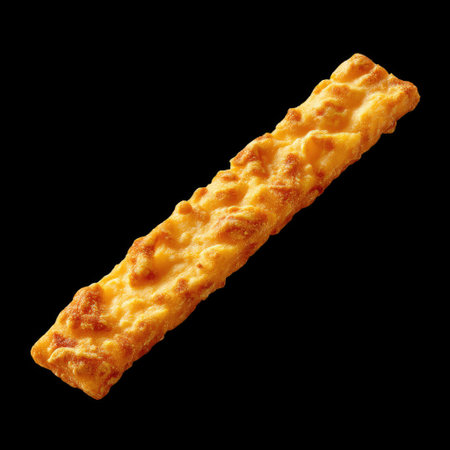 This image showcases a crispy snack stick isolated on a black background, highlighting its golden color and appealing texture, ideal for healthy eating.の素材