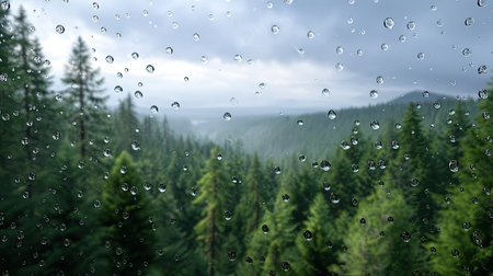 A serene view of raindrops clinging to a window, revealing a lush forest landscape in the background under a cloudy and gloomy sky.の素材