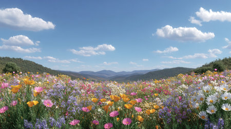 A breathtaking view of a vibrant flower field filled with various blooms under a sunny sky. Fluffy clouds float above the hills, creating a serene landscape. This scene captures the essence of springtime beauty in nature.の素材