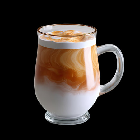 This captivating image features an elegant glass of layered coffee with swirling milk and caramel against a dramatic black background, perfect for gourmet themes.の素材