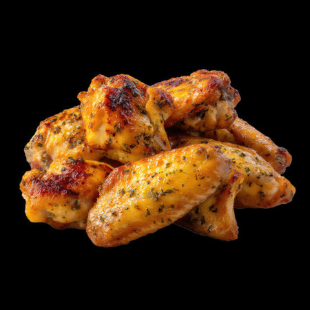Indulge in these succulent golden crispy chicken wings, seasoned with herbs and spices, perfect for snacking or serving at gatherings.の素材