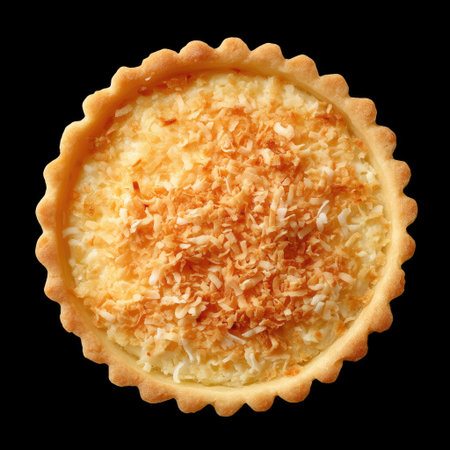 This beautifully crafted coconut cream tart features a golden, flaky crust topped with crispy toasted coconut flakes. An inviting dessert perfect for celebrations.の素材