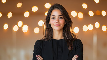 A confident businesswoman in a corporate setting, exuding innovation and leadership, High-angle view bathed in playful studio lights, showcasing her entrepreneurial spirit.の素材
