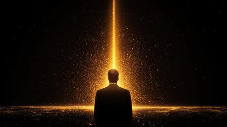 Capture a figure glowing in brilliant light and polished sheen, showcasing growth and refinement in a split perspective.の素材