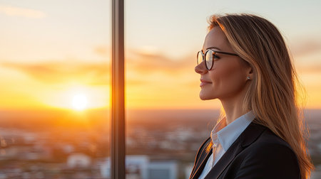 Confident businesswoman in a corporate setting, exuding entrepreneurial leadership, Over-the-shoulder view in radiant sunlight with a solar flare, capturing harmony and success.の素材