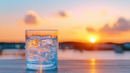 Capture the essence of luxury living in an elegant residence with a luminous tracking shot, Embrace bright icy blue hues with blazing sunset lighting and macro focus to evoke sophistication and opulence.の素材