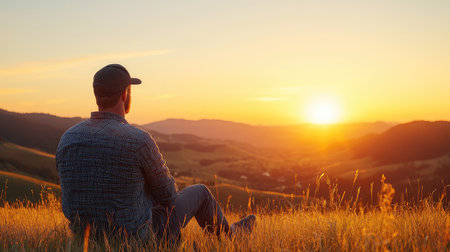 Capture the essence of success in entrepreneurship through an over-the-shoulder shot reflecting harmony in radiant light and a blazing sunset, Inspire with vibrant colors and dynamic position.の素材