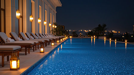 Create a scene of opulent luxury at a high-end resort, blending golden shine with bright icy blue hues, Capture uplifting vibes in vivid sparkling light, emphasizing depth and focus.の素材