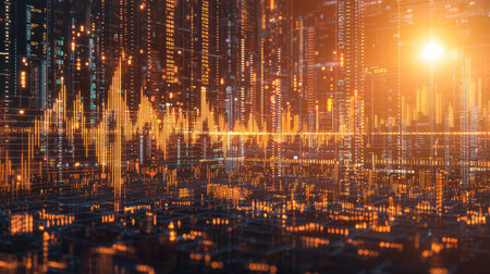 Create an art piece showcasing a dynamic financial graph blending profit and loss trends with chart elements, Infuse it with radiant exuberant tones and bronze hues, illuminated by a vivid daybreak shine ing through the objects.の素材