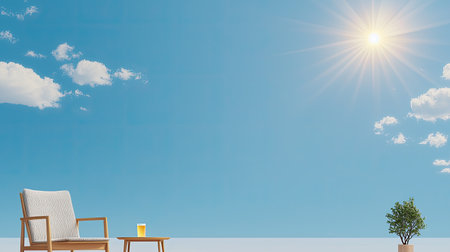 Create a cheery cartoon with high-end furniture, using bright sky blue tones, serene vibes, vivid glaring beams, and a split perspective for a luxurious feel.の素材