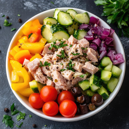 Mediterranean tuna salad in a white ceramic bowl with colorful vegetablesの素材