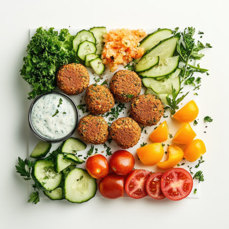 Falafel with yogurt sauce and fresh vegetables arranged neatly on white backgroundの素材