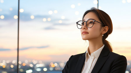 Female executive exuding business acumen and determination in corporate setting, bathed in radiant gleeful tones of pearl white light from forced perspective.の素材