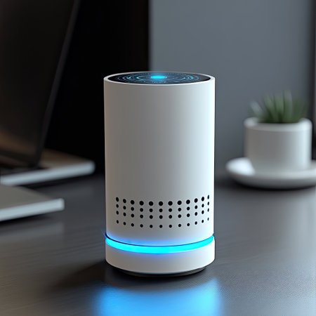 A futuristic AI-powered smart hub controlling all home devices via voice command.の素材