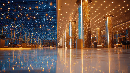 Create a scene of opulent luxury at a high-end resort, blending golden shine with bright icy blue hues, Capture uplifting vibes in vivid sparkling light, emphasizing depth and focus.の素材