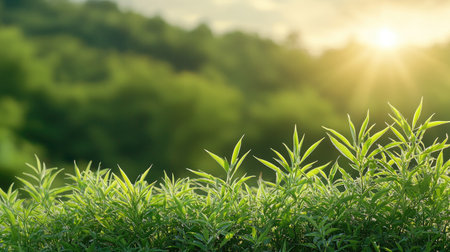 vibrant low-angle view in luminous green, bathed in sunlight with dynamic motion blur, Capture the journey to success and achievement.の素材