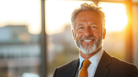 A successful businessman in a suit and tie, smiling warmly at the camera, upside-down perspective, bathed in bright dawn light.の素材
