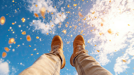 Upside-down low-angle view of a jubilant entrepreneur celebrating a big business success, showcasing growth and determination, Vivid, playful aesthetic under a bright sunlit sparkle.の素材