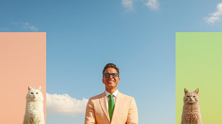 Capture a joyful businessman in a pastel world with luminous green accents, bathed in bright side lighting from a first-person view, Emphasize happiness, contentment, and a warm smile.の素材