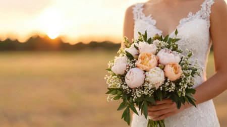 Beautiful girl with peonies bouquet, bronze tones, midday sun, close-up view.の素材