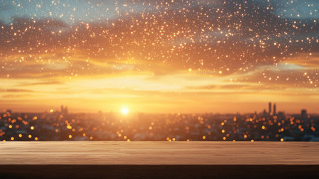 Embrace remote work freedom in a sparkling world with brilliant amber accents and a bright midday sun on the horizon, Create a dedicated home office setup for flexibility and telemuting, Energetic vibes await.の素材