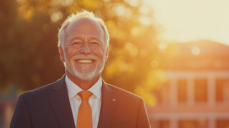 Create a vibrant scene featuring a successful businessman exuding joy and contentment, bathed in radiant coral hues from a dreamy sunbeam, Capture his warm smile and confident gaze in a surreal, through-the-object perspective.の素材