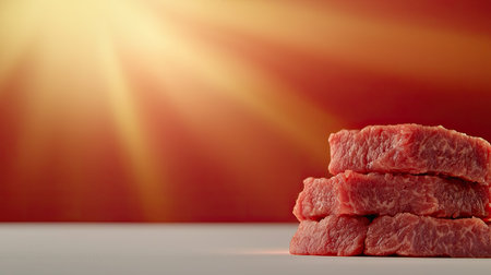 Ethereal light illuminating processed food on a white backdrop, vibrant crimson hues creating a cheerful and intense spotlight effect with motion blur, Perfect for adding text, Let the vivid colors and lighting inspire your creation.の素材