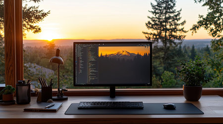 flexible schedules, cozy home office, Capture the radiant growth in a medium shot, backlit by a panoramic view, Radiate exuberance.の素材