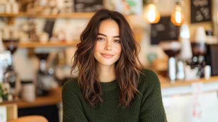 Capture a serene woman in a charming cafe setting, radiating contentment, Embrace warm hues, soft lighting, and a polished portrayal, Highlight bright emerald tones, cozy vibes, and crisp sunlight, Opt for a side profile to evoke a sense of thoughtfulness and tranquility.の素材