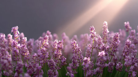 A stunning view of lavender flowers basking in soft sunlight, showcasing vibrant purple petals amidst a serene and tranquil landscape. Perfect for nature lovers.の素材