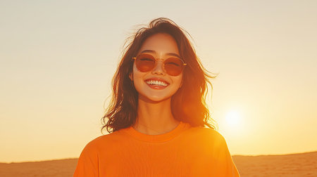 Capture the vibrant joy of a person in a prismatic style under the bright midday sun, Authentic top-down view with radiant positive emotion for.の素材
