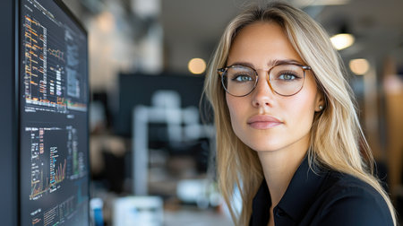 A determined businesswoman showcasing expertise in a petitive corporate world, Radiant future reflections through fish-eye lens.の素材