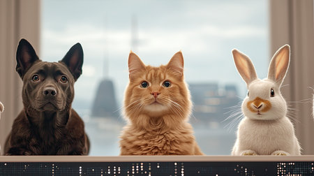 Charming pets like cats, dogs, and bunnies in a futuristic setting, bathed in romantic pearl white light from a vivid window view.の素材