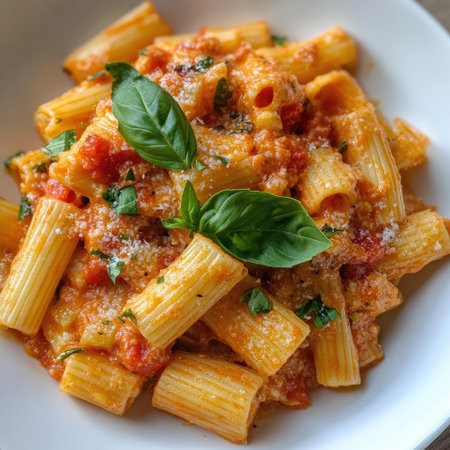 Pasta with fresh tomato sauce and basil leaves on a clean white plateの素材