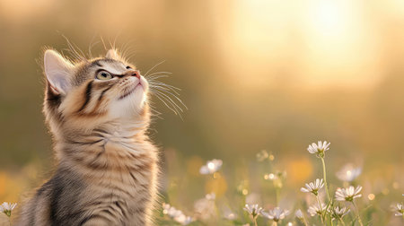 A playful kitten in a flower-filled meadow, bathed in warm tones and sparkling light, emphasizing macro details with pearl white hues.の素材