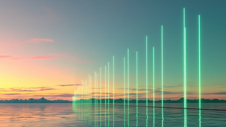 Create a vibrant utopian scene with radiant mint green hues glowing from a mirror reflection, inspired by a financial performance graph showing profitability and loss over time in the form of a chart.の素材