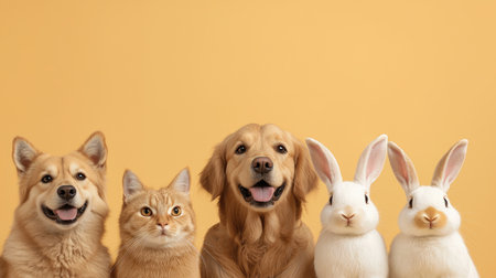 cats, dogs, and bunnies with romantic gold tones, Top-down view, precious critters adding charm to the scene.の素材