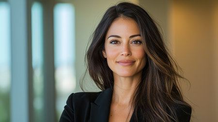 Captivate the essence of female leadership in a corporate setting through an eye-level shot, Showcase her entrepreneurial spirit and management skills in radiant, uplifting light, Emphasize sustainability and success with pristine daylight, creating a sense of depth and focus.の素材