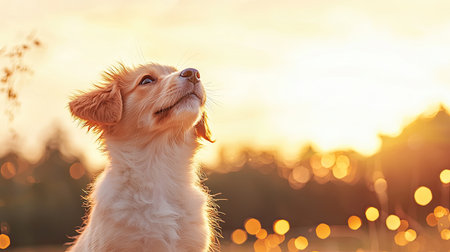 Capture endearing animals like puppies and butterflies in a photo setting, Illuminate with ethereal light in bright pastel hues, radiating golden reflections and a tilted horizon for a whimsical touch.の素材
