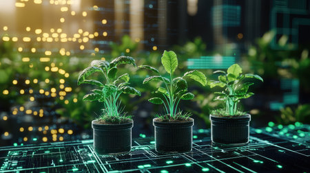 holographic displays, plant icons, Radiant dreamy tones, emerald hues, vivid daybreak shine, Aerial perspective.の素材